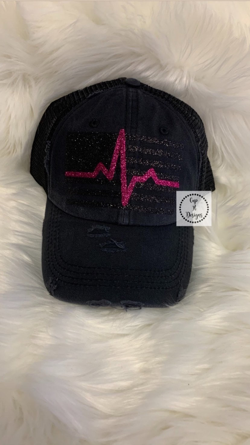 Distressed High Ponytail Nurse Flag Hat