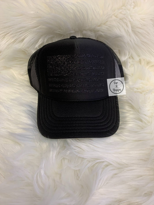Black Glitter Flag Trucker Hat