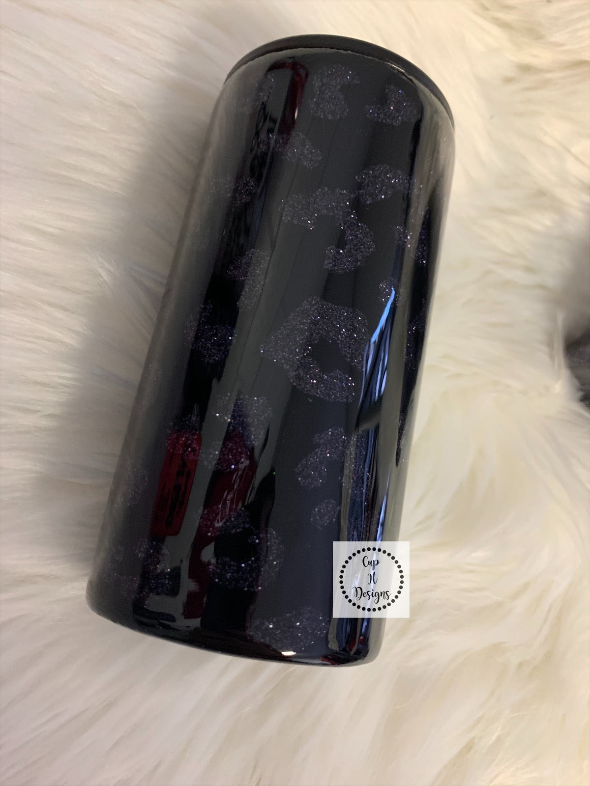 Black peekaboo glitter cheetah slim can koozie