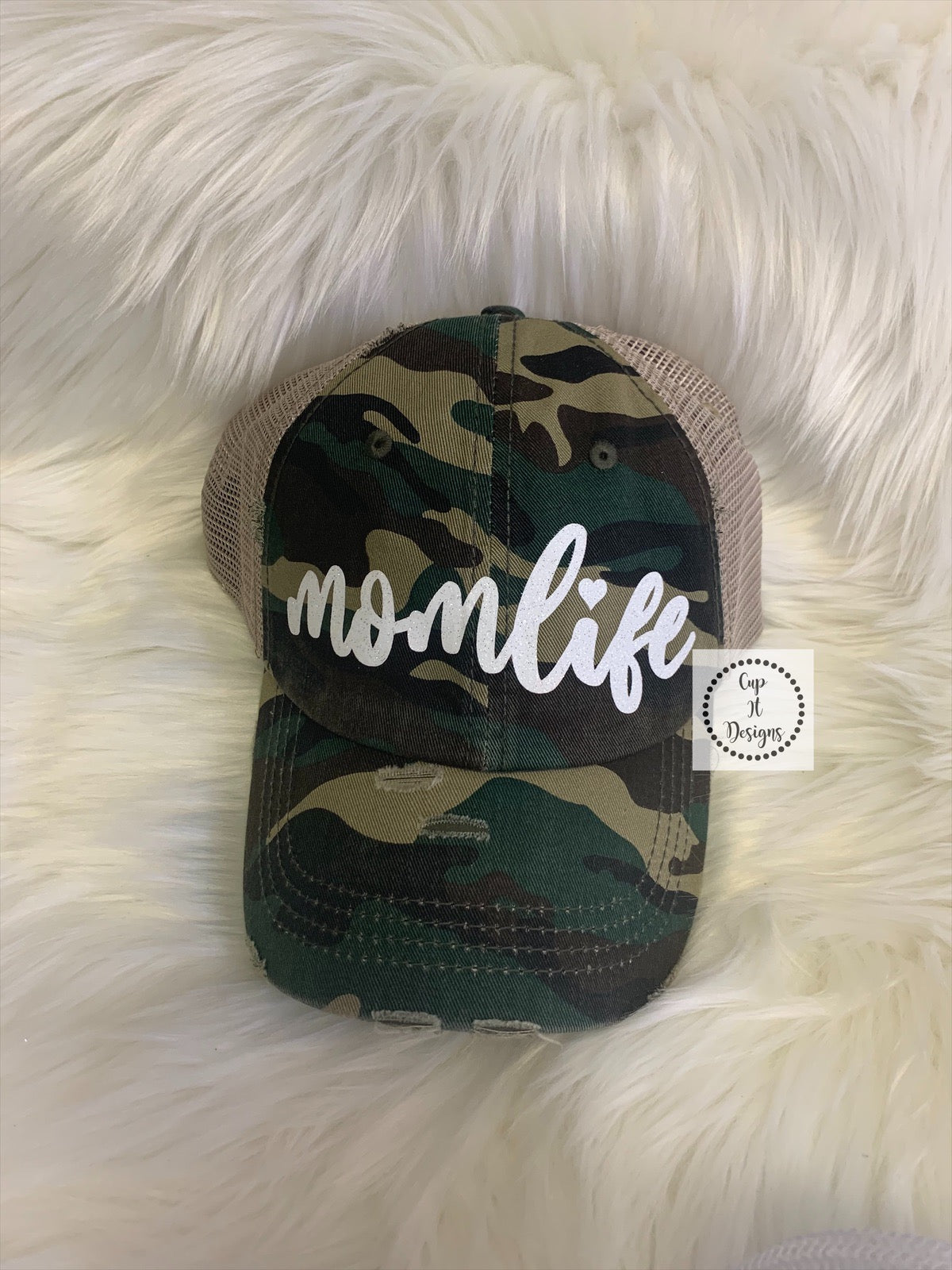 Camo Distressed High Ponytail Hat
