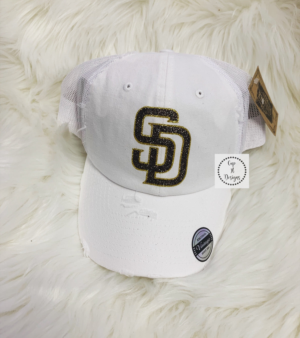 Padres SD White Distressed Trucker Hat