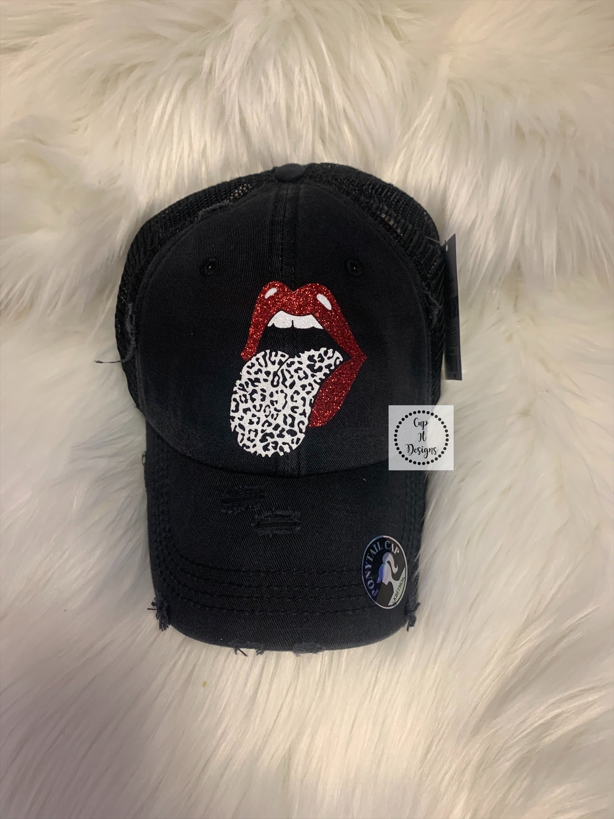 Black HIGH PONYTAIL Cheetah Rolling Stones Tongue Trucker Hat